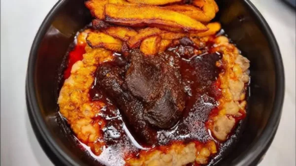 Ewa Agoyin & Plantain served with Beef or Fish